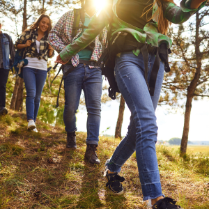 Three people hiking through the woods