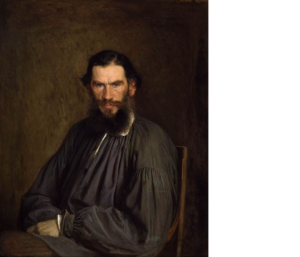 Oil painting of a seated man in dark clothes with a long dark beard.